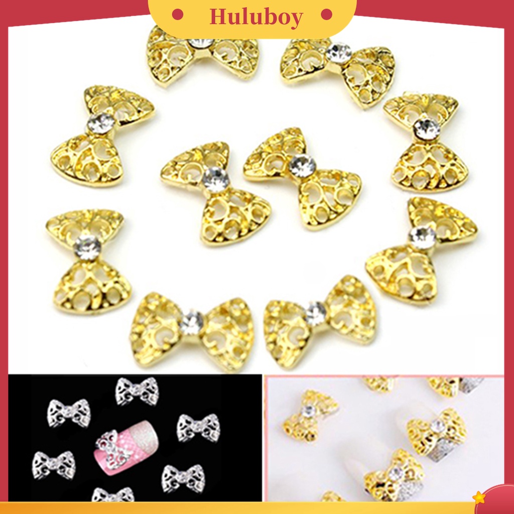 Huluboy Huluboy♡ 10pcs Stiker Kuku 3D Motif Pita Aksen Berlian Imitasi Bahan Alloy Untuk Kencan