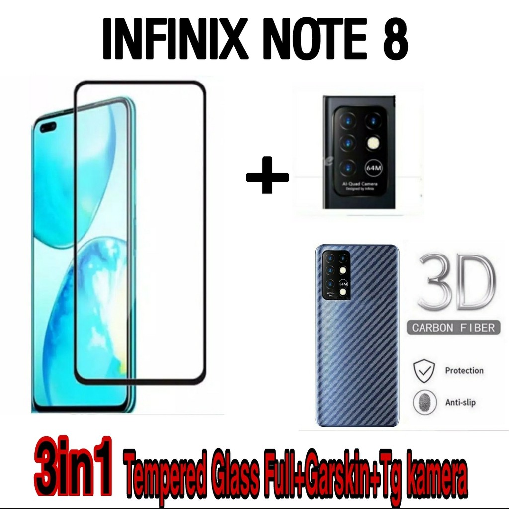 PROMO Paket 3in1 Tempered Glass Full INFINIX NOTE 8 Anti Gores Kamera Belakang Garskin Carbon Skin