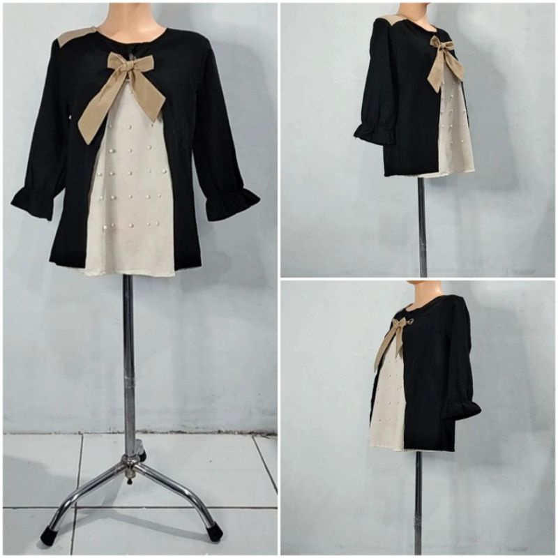 baju tunik wanita baju atasan lengan panjang pita di dada ada mutiaranya fashion wanita murah meriah