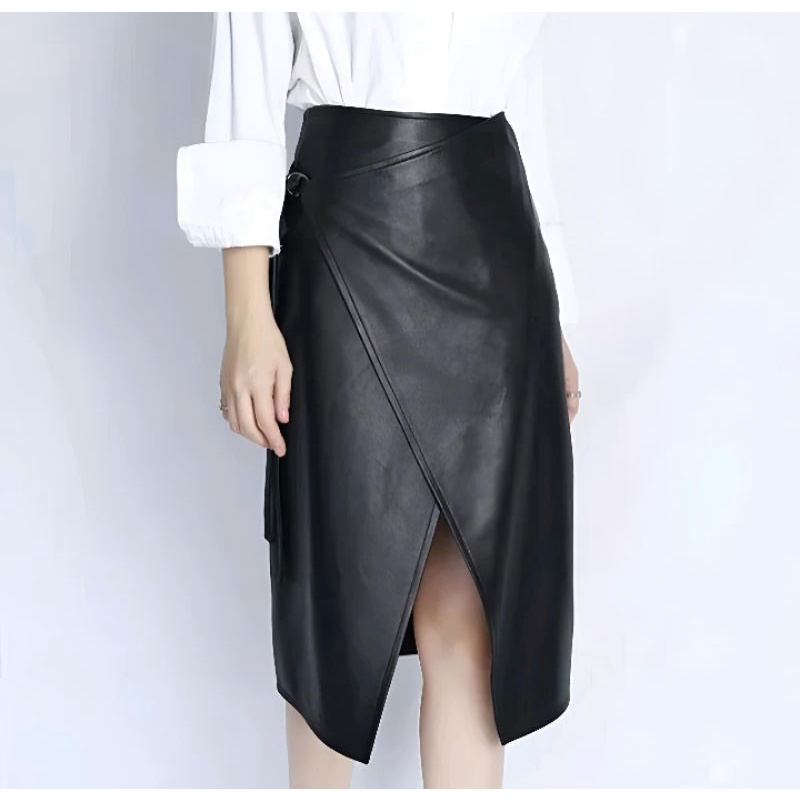 Rok Wanita PU Leather Rok Midi Body Wrap Asimetris 2022 by Tailor Labs - S6697