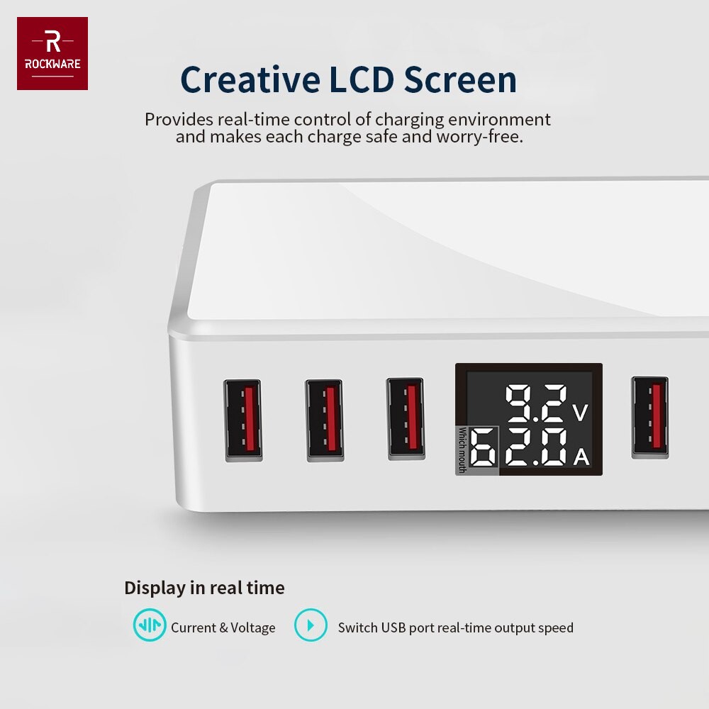 ROCKWARE WLX-T9 Plus - Intelligent 6 USB Charger LED Display - 40W (Charger Multiport Universal)