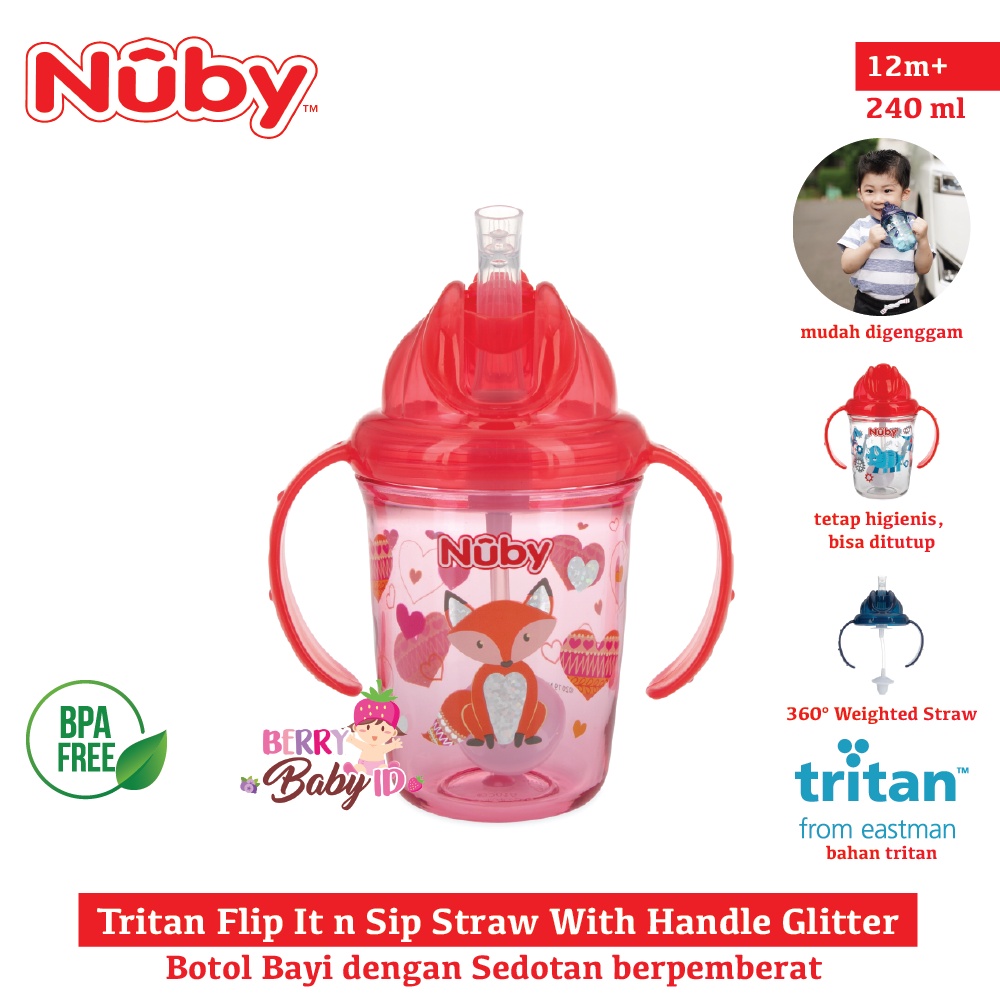 Nuby Tritan Flip It Straw With Handle Glitter Botol Training Cup Bayi Botol Sedotan Bayi Anak BPA Free Berry Mart