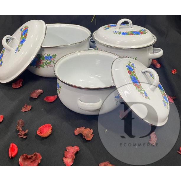Calypso Casserole Enamel Panci Pot Casserole Panci 3 Set Corak Bunga - Biru