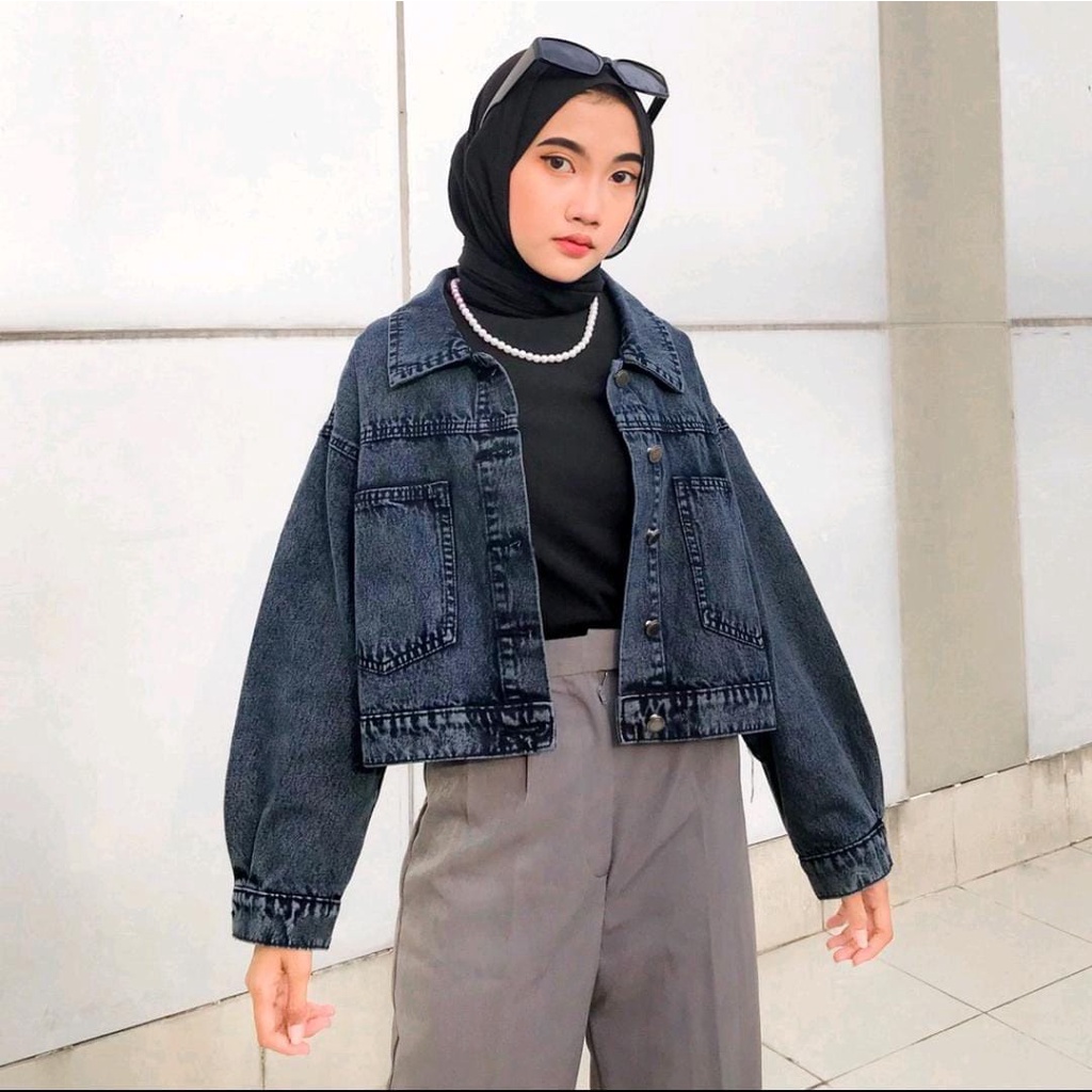 Jaket Jeans Oversize LD 110 - 150 // Jaket Jumbo Saku Wanita Sandwash Denim Premium-AZUMI SW HTM LD110