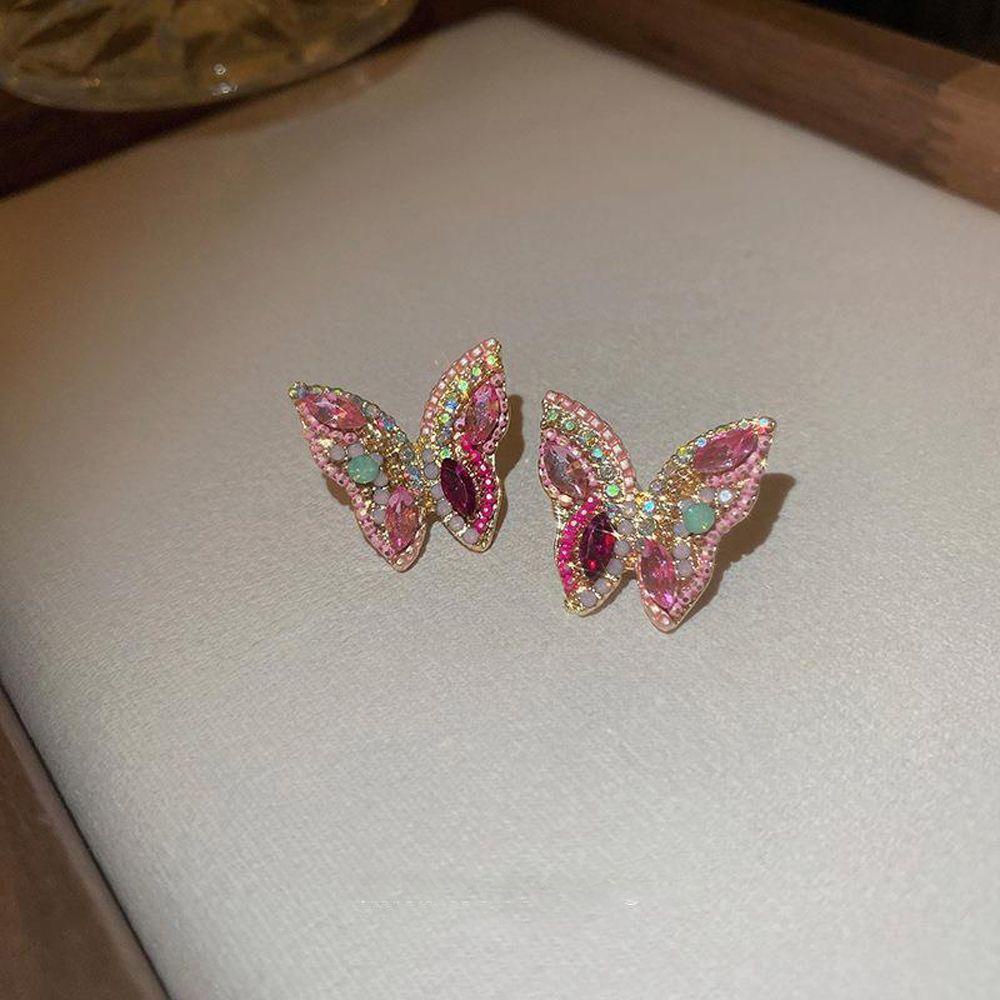 Mxbeauty Anting Wanita Mewah Fashion Kecil Merah Muda Warna-Warni Berlian Imitasi Fashion Perhiasan