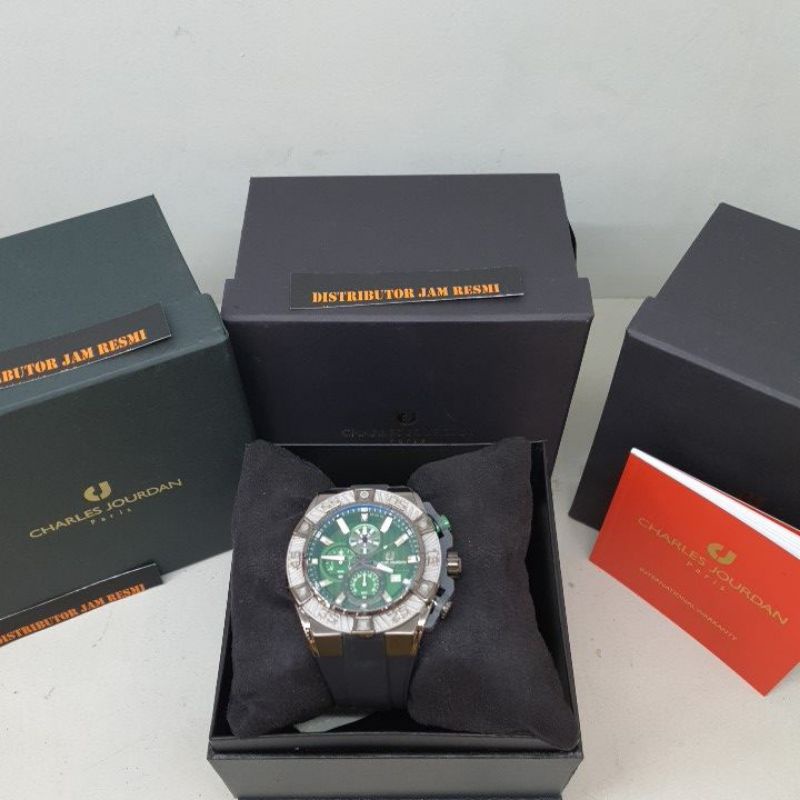 Jam Tangan Pria Charles Jourdan CJ1088-1792C Grey Dial Green Black Rubber Cronograph