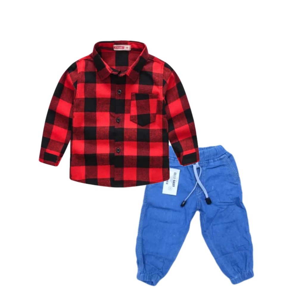 SETELAN KEMEJA FLANEL ANAK DAN JOGER JEANS LAKI LAKI 1-5 TAHUN TERLARIS / SETELAN KEMEJA DAN JEANS JOGER PANJANG ANAK