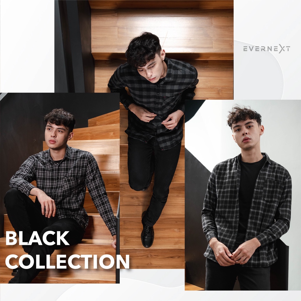 Kemeja Pria Flanel Panjang Hitam Series Flannel Mens Fashion Long Shirt Hem Kasual Kerja Travelling Outdoor Gunung Hangout Premium Trendi