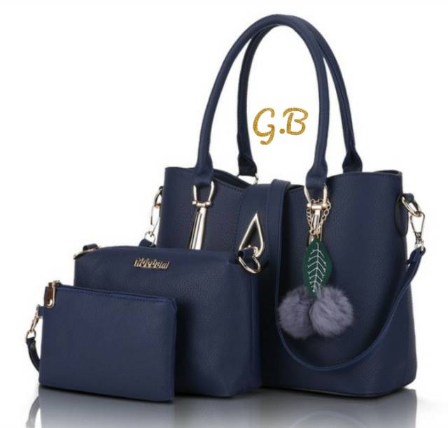 Promo - Tas Jinjing Korea Queen 3In1 Anyam Wanita Korea Kantor Orange Navy