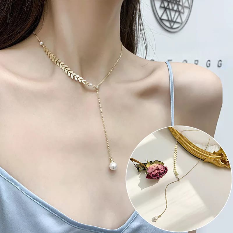 Kalung Mutiara Daun Pearl Leaf Necklace Aksesoris Wanita