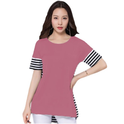 Fifi FASHION Tunik Tangan Pendek Wanita Gaya Korea Kombinasi Salur - Salmafina