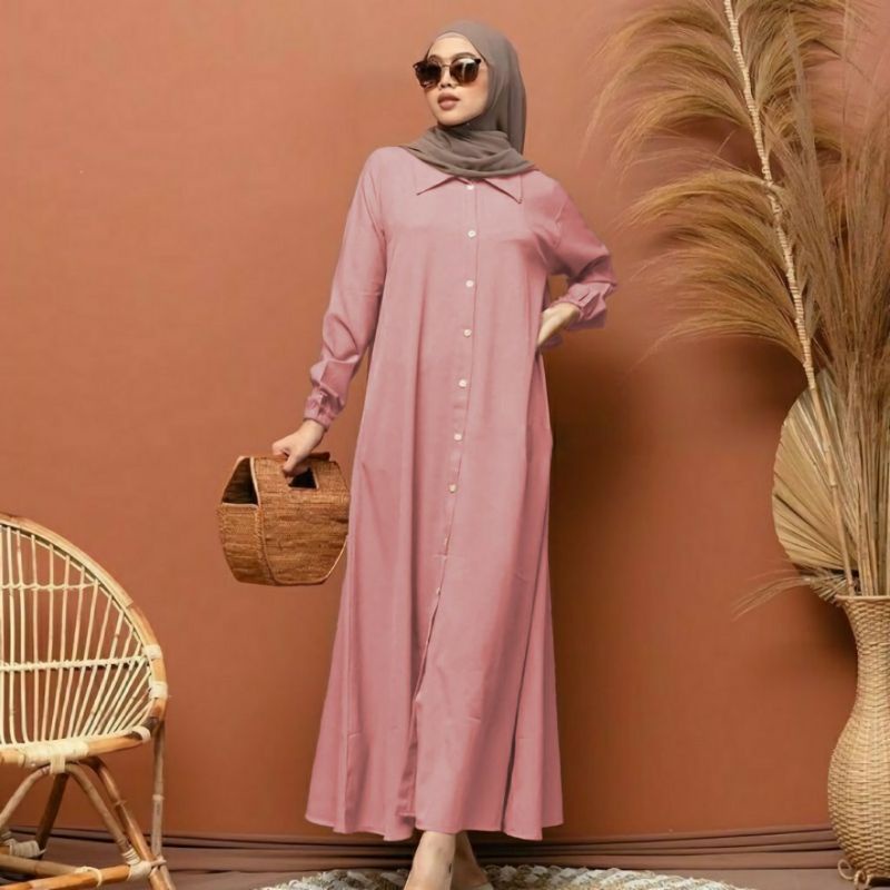 GROSIR GAMIS NIDIA FULL KANCING BUSUI BUMIL DRESS MOSCREPE PREMIUM ORI BAJU GAMIS TERBARU 2022 sabasollshop-PINK