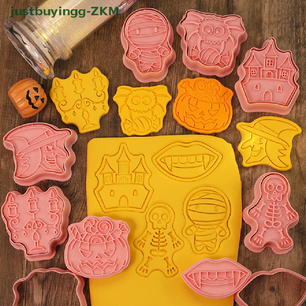 8pcs Cetakan Pemotong Biskuit Cookies Bentuk Kartun Labu Hantu Halloween Bahan Plastik Model Tekan