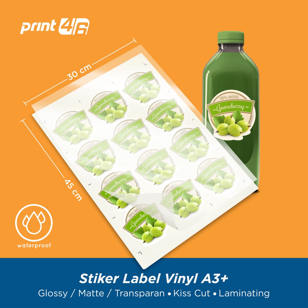 

Cetak Stiker Label Vinyl Glossy / Matte A3+ CUT LAMINATING