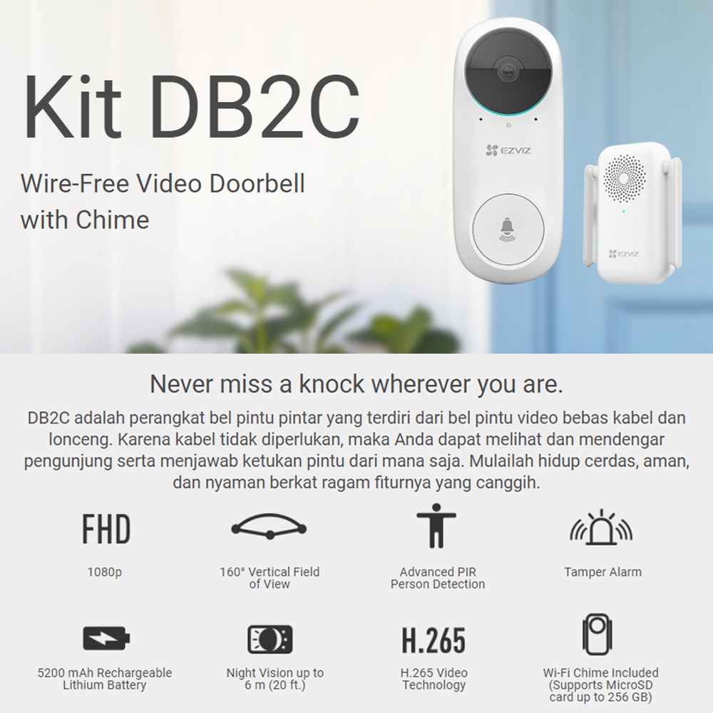 Ezviz DB2C Wire-Free Video Doorbell With Chime Bel Pintu Kamera