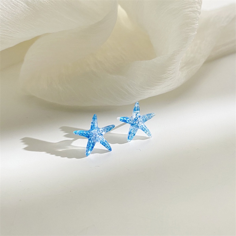 Korea Blue Starfish Earrings Female Small Shiny Earring