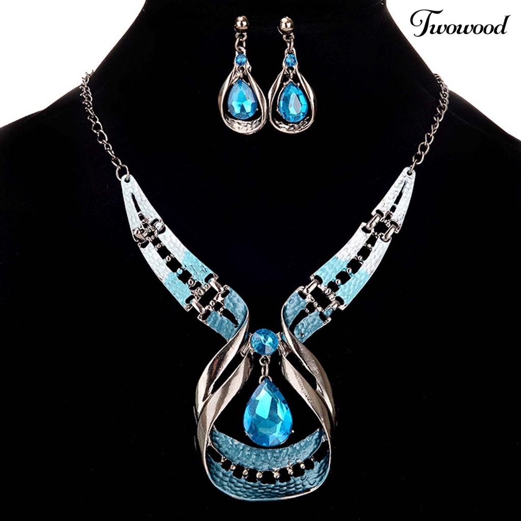 Twowood 2Pcs/Set Exaggerated Noble Beautiful Necklace Earrings Set Water Drop Faux Gem Pendant Necklace Earrings Jewelry Accessory