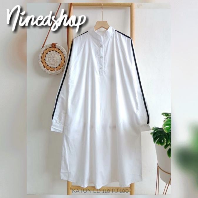 Baju Tunik List Hitam Katun Import/Fashion Polos Putih Wanita Terbaru