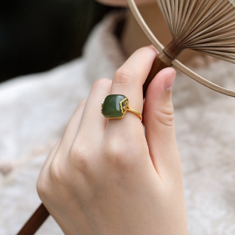 Cincin Lapis Emas Model Terbuka Desain Awan Batu Permata Hijau Giok Auspicious Gaya Vintage Untuk Wanita