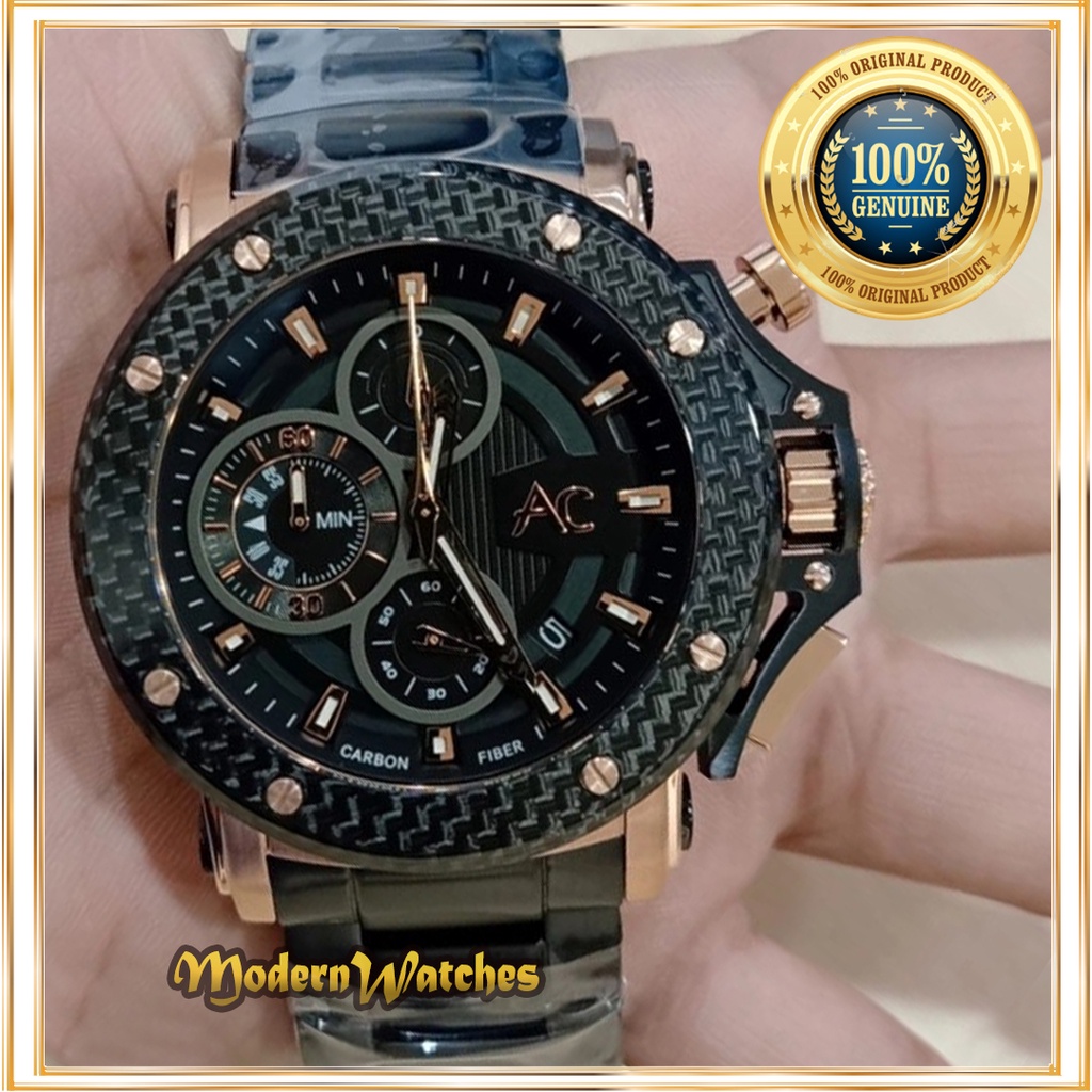 Jam Tangan Ori Pria Alexandre Christie AC 9205 Rantai Carbon Hitam Rosegold Black Edisi Spesial Coll