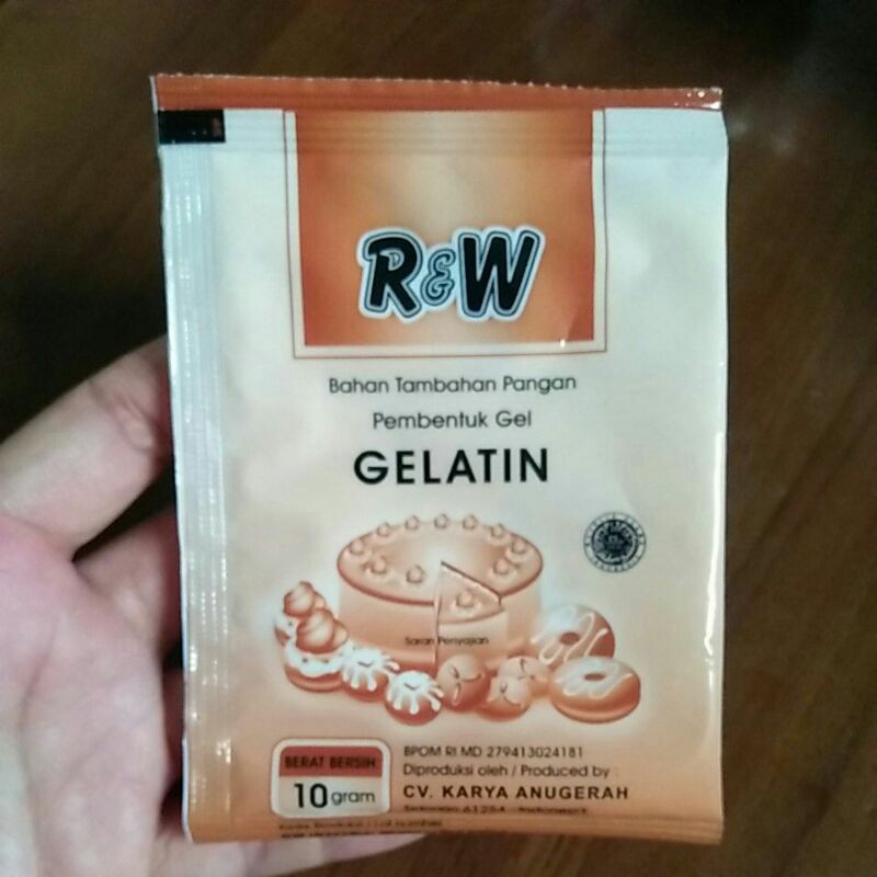 

Halal !! R&W Gelatin 10 gr Pembentuk Gel/Jelly/Permen/Es Krim/Cheese Cake/Mouses Puding/Pannacota