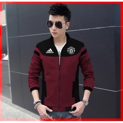 F658 Jaket Bomber MU New CL Outer Atasan Sweater Sepak Bola Pria Tricott Merah Maroon Modis