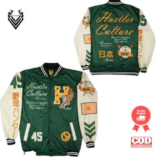 JACKET VARSITY BASEBAAL MOTIP TERBARU PRIA WANITA SAIZE L XL  - JAKET EVERYONE BAYAR DI TEMPAT-V HIJAU HUSTLER