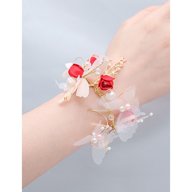 LRC Gelantg Tangan Fashion Pink Handmade Flower Butterfly Pearl Diamond Bracelet K96341