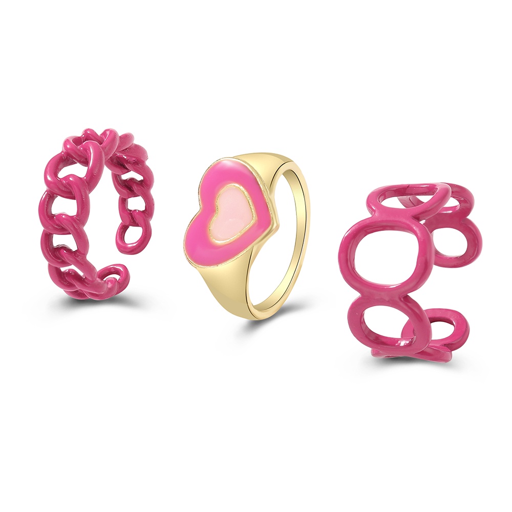 3pcs/set Pink Heart Geometry Rings Set Adjustable Oil Dripping Ins Fashion Ring for Women Jewelry Accessories