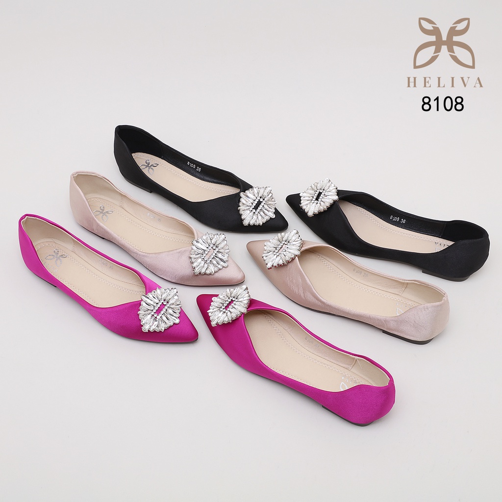 HELIVA MOLLY Flat Shoes Ballerina Diamond Jewel Bahan Satin Halus Sepatu Slip On Teplek Lancip 8108 Original Brand