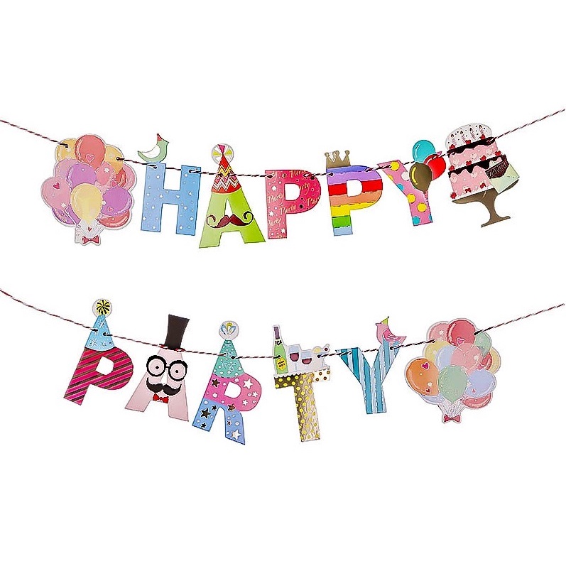 BANNER Topper HAPPY PARTY Desain Tulisan Happy Birthday BANNER ULANG TAHUN Bahan Kertas murah