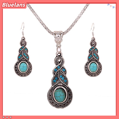 Set Perhiasan Kalung Anting Liontin Pirus Berlian Imitasi Gaya Retro Unik Untuk Wanita