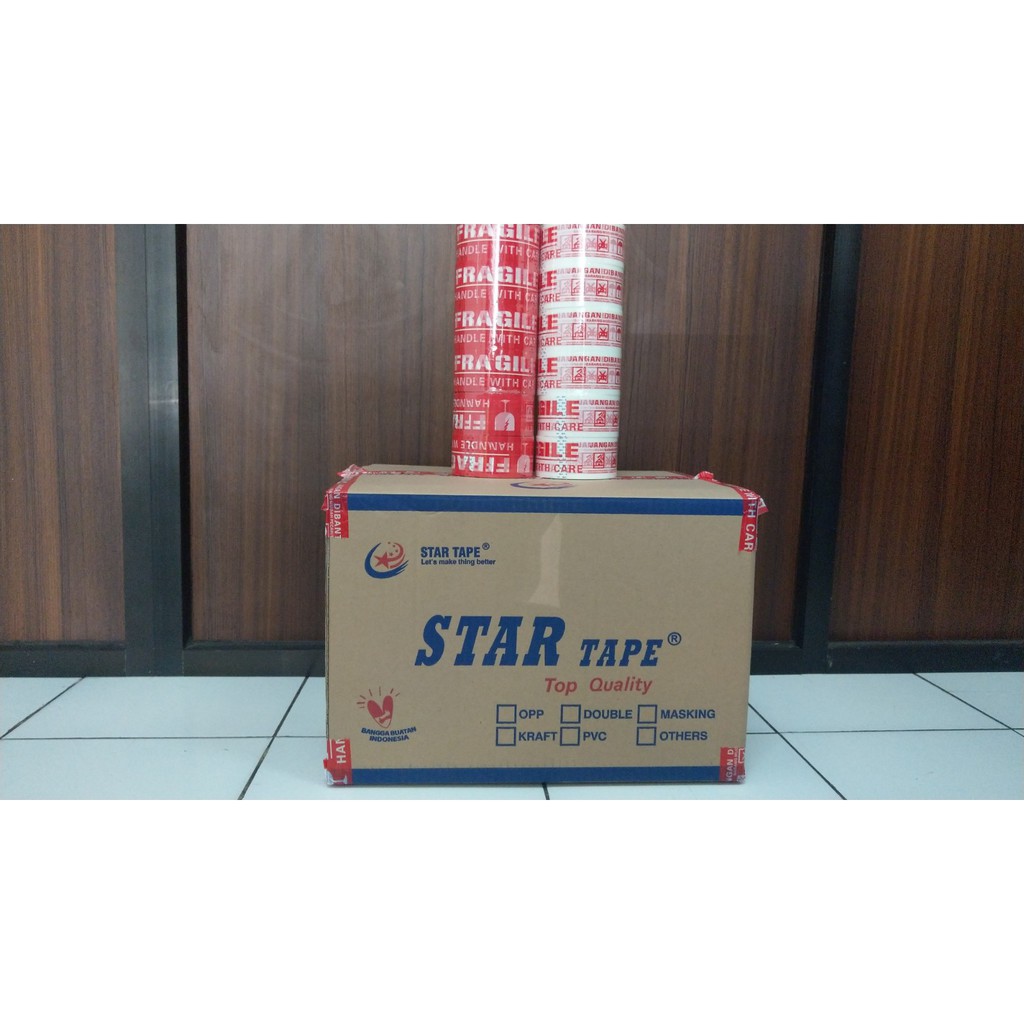 Lakban Fragile STAR TAPE Jangan Dibanting Merah/Putih 48mmX50Meter