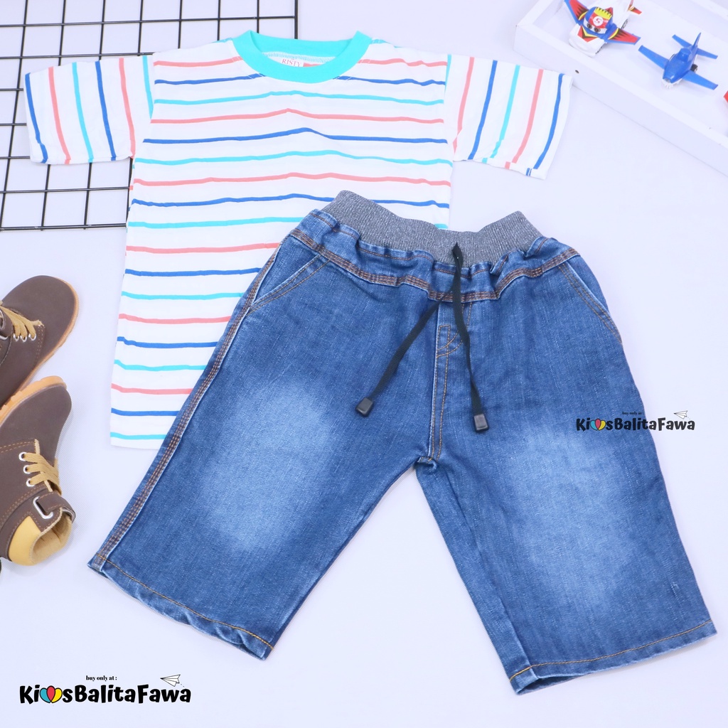 Setelan Salur Jeans uk 5-6 Tahun / Kaos Anak Cowok Celana Jeans Pendek Baju Anak Cowo Murah Pakaian