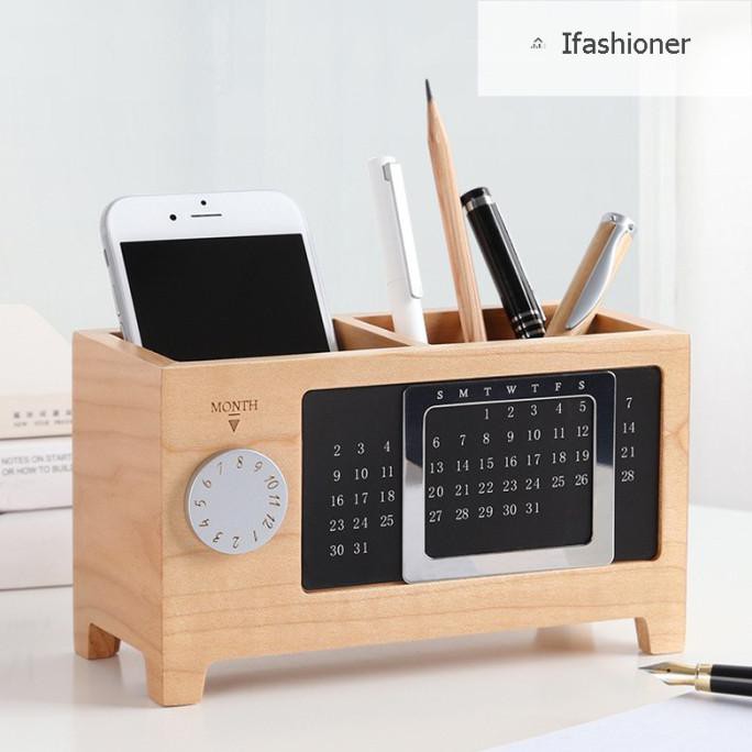 

Wooden Pen Holder 2 Grid Pencil Stationery Storage Box With Calendar Naufal478.Olshop