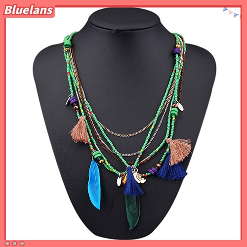 Bluelans Kalung Rantai Multilayer Hias Manik-Manik Bulu Rumbai Gaya Etnik Boho Untuk Wanita