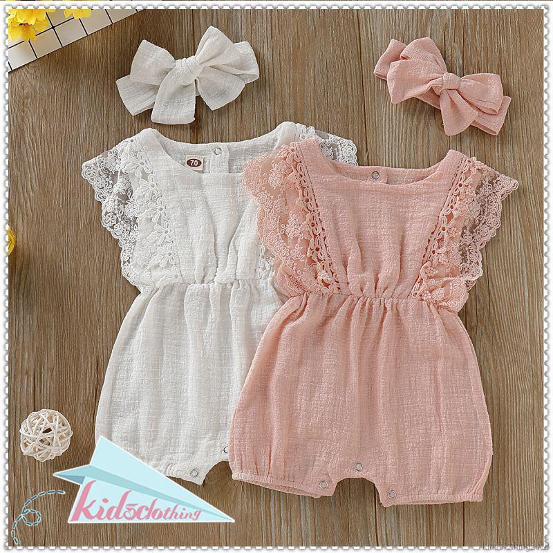 Set 2Pcs Romper Bayi Per   empuan Lengan Flare Warna Polos