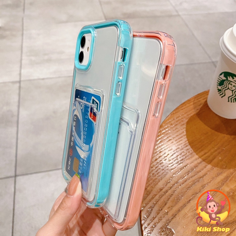 IPHONE Card Holder Heavy Duty Colorful Frame Crystal Phone Case Untuk Iphone12 11 Pro Max X Xs XR 87 Plus 3in1 Shockproof Bumper Lembut TPU Penutup Belakang