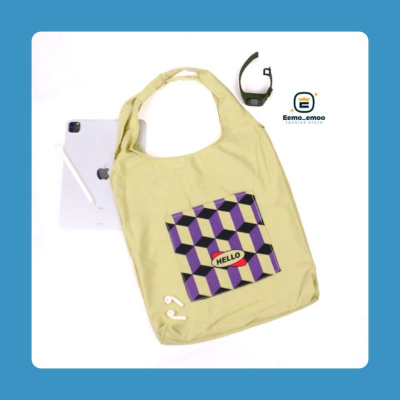 TOTEBAG Sablon HELLO Korean Style Tote Bag Canvas Kekinian Murah EMOEMO