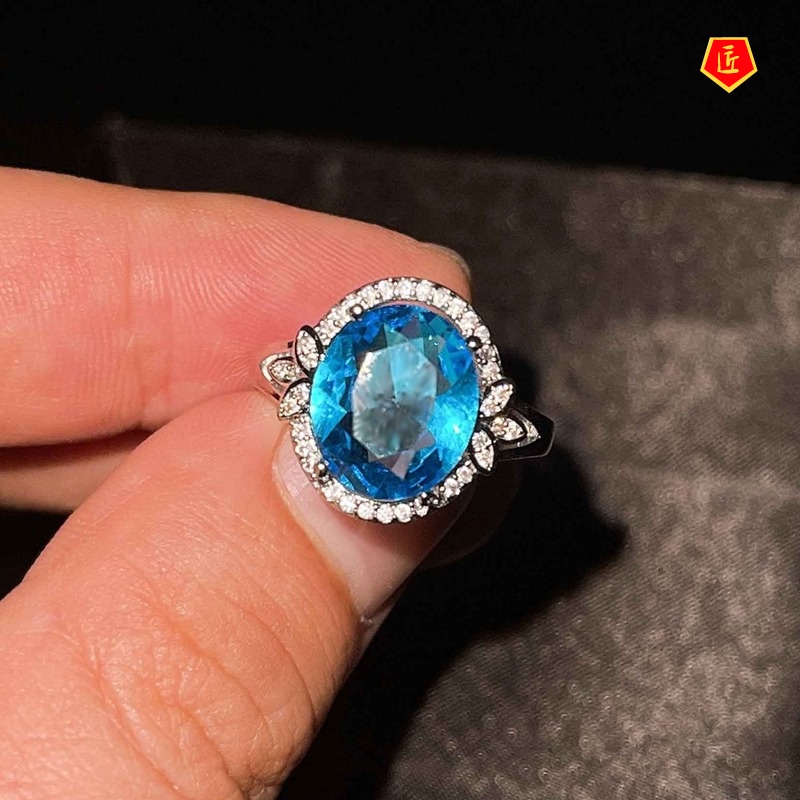 [Ready Stock]Simple Personality Pt950 Inlaid Topaz Blue Colored Gems Ring