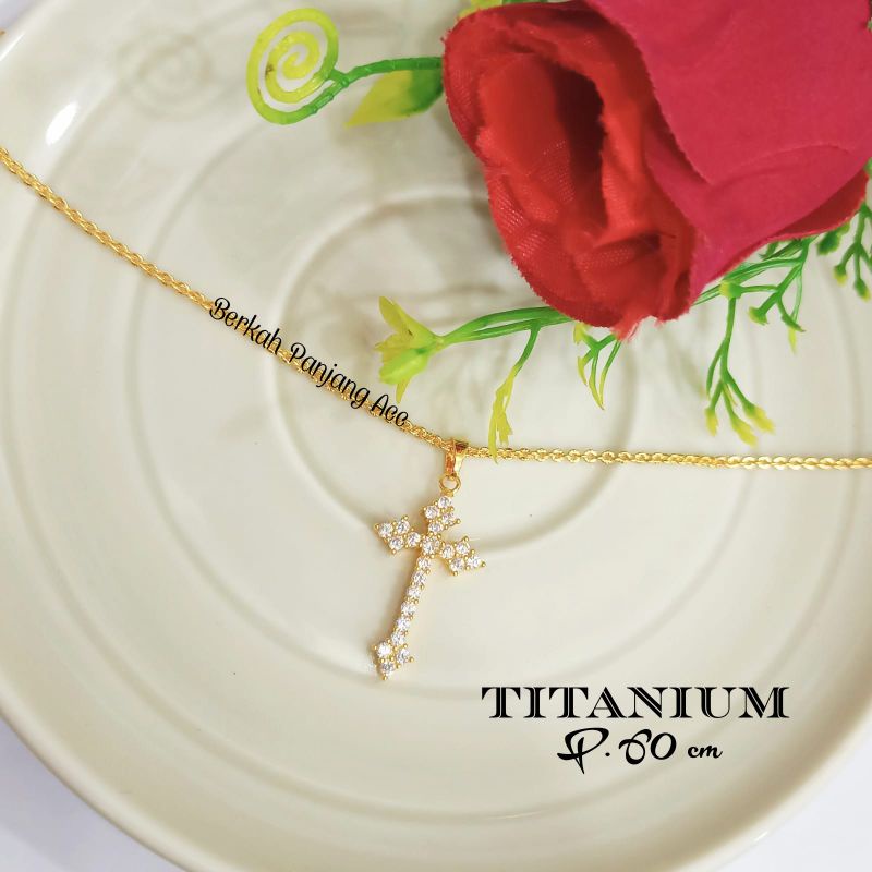 KALUNG SALIB TITANIUM PERMATA KRISTAL PUTIH LOGAM EMAS 18K ANTI LUNTUR &amp;ANTI KARAT