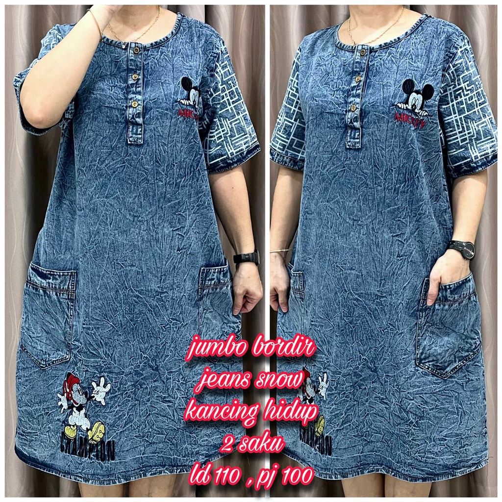 GFW621 Dress Wanita Jeans Denim Bordir Mickey Minnie Mouse Saku
