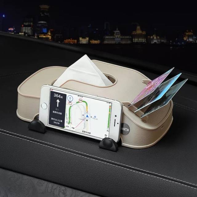 Tempat Tisu Mobil 3in1 Kartu HP Kotak Tissue Car Holder Phone - Cokelat