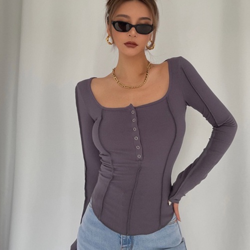 【LIVIAHOME】U Neck Long Sleeve Button Up Slim T-Shirt 7027