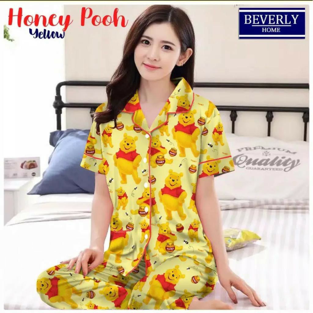 JNV Piyama CP Wanita Motif Karakter Kartun 04 - Baju Tidur Lengan Pendek - Bahan Katun-Pooh Honey Kuning