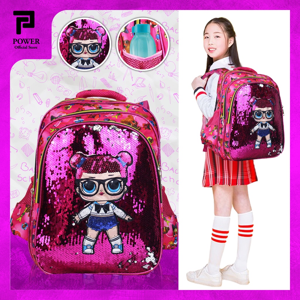 Tas Sekolah Anak Perempuan Ransel Anak SD Karakter LOL Ransel Sekolah Import Anak Cewek Sequin Usap + Mata Lampu