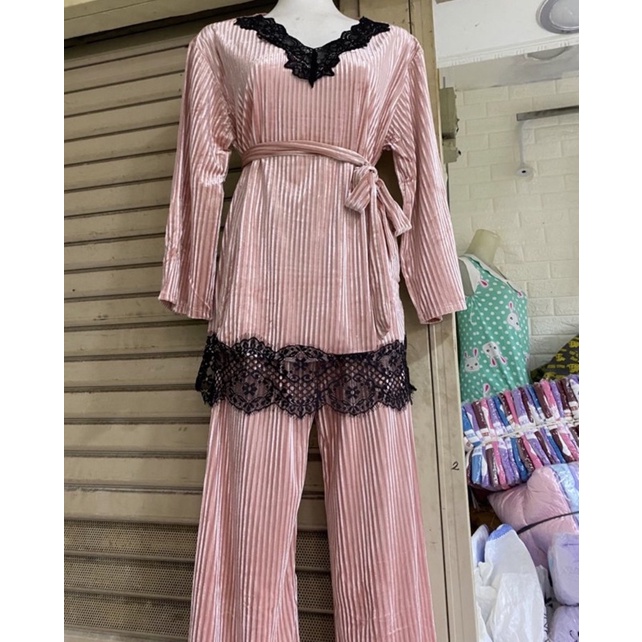 JC- Set Piyama Bulu Bludru PP / Piyama Kimono wanita terbaru / Stelan Bludru Premium import Murah-Bludru Lace Dusty