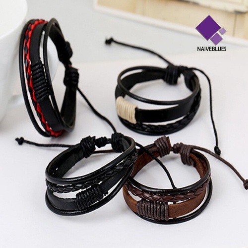 Naiveblue &gt; Gelang Bangle Kulit Pu Multisusun Gaya Vintage Retro Untuk Unisex