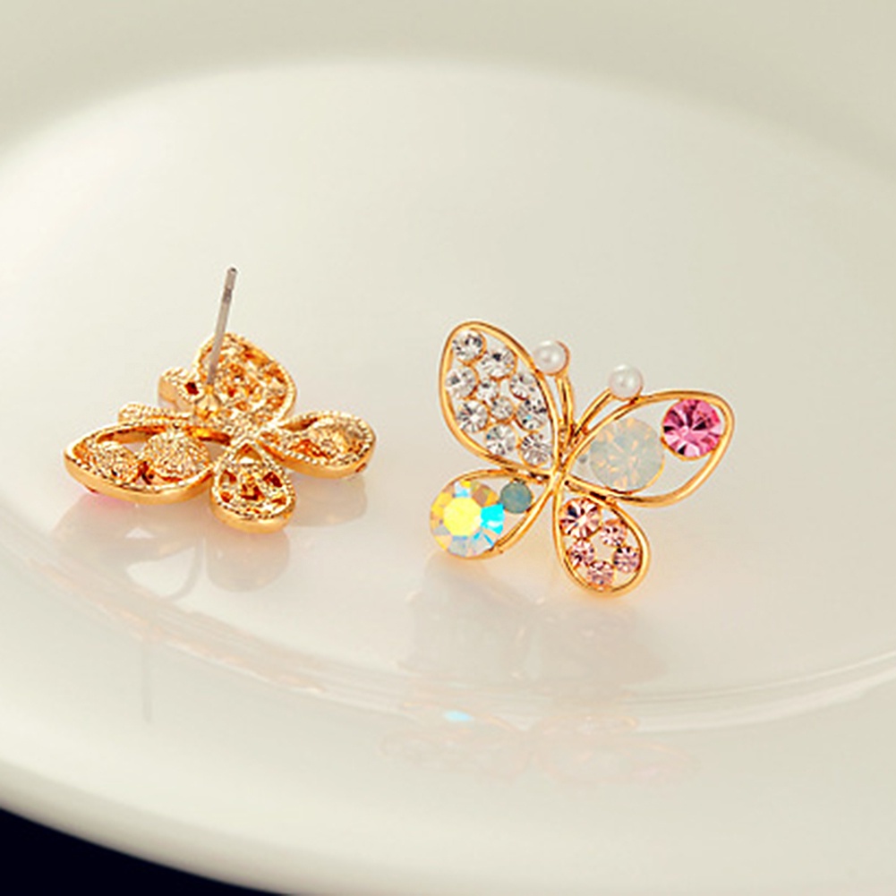 Anting Stud Bentuk Kupu-Kupu Aksen Mutiara Bahan Zirkon Warna-Warni Untuk Wanita