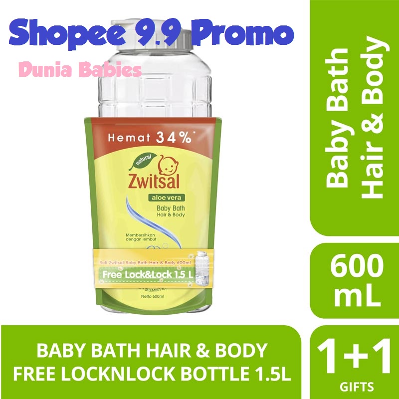 ZWITSAL Natural Baby Bath 2-in-1 Hair & Body Pouch 600ml GRATIS LOCK N LOCK BOTOL 1 L